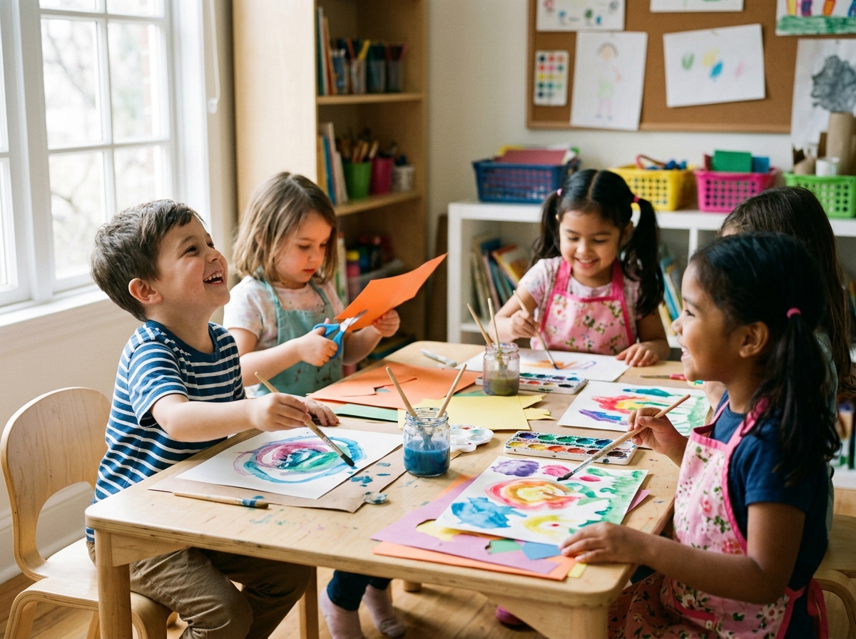 Child painting with watercolor at easel
