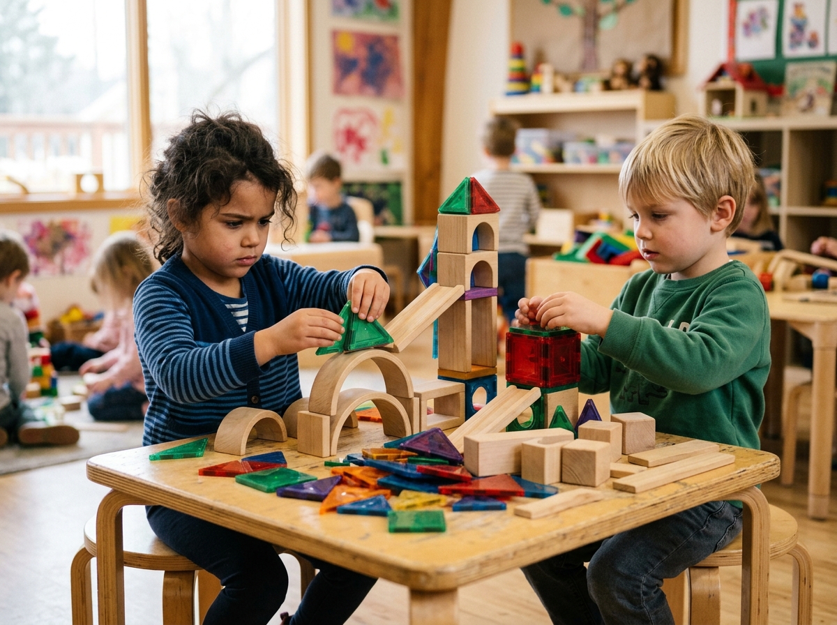 Children assembling wooden block architectural towers