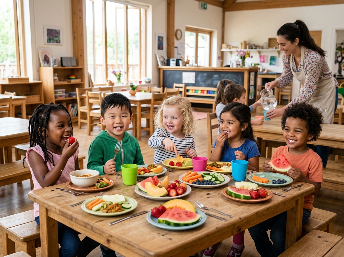 Children enjoying healthy organic dining together