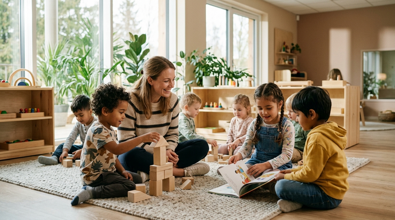 Preschool children engaged in collaborative learning with educator in sunlit classroom
