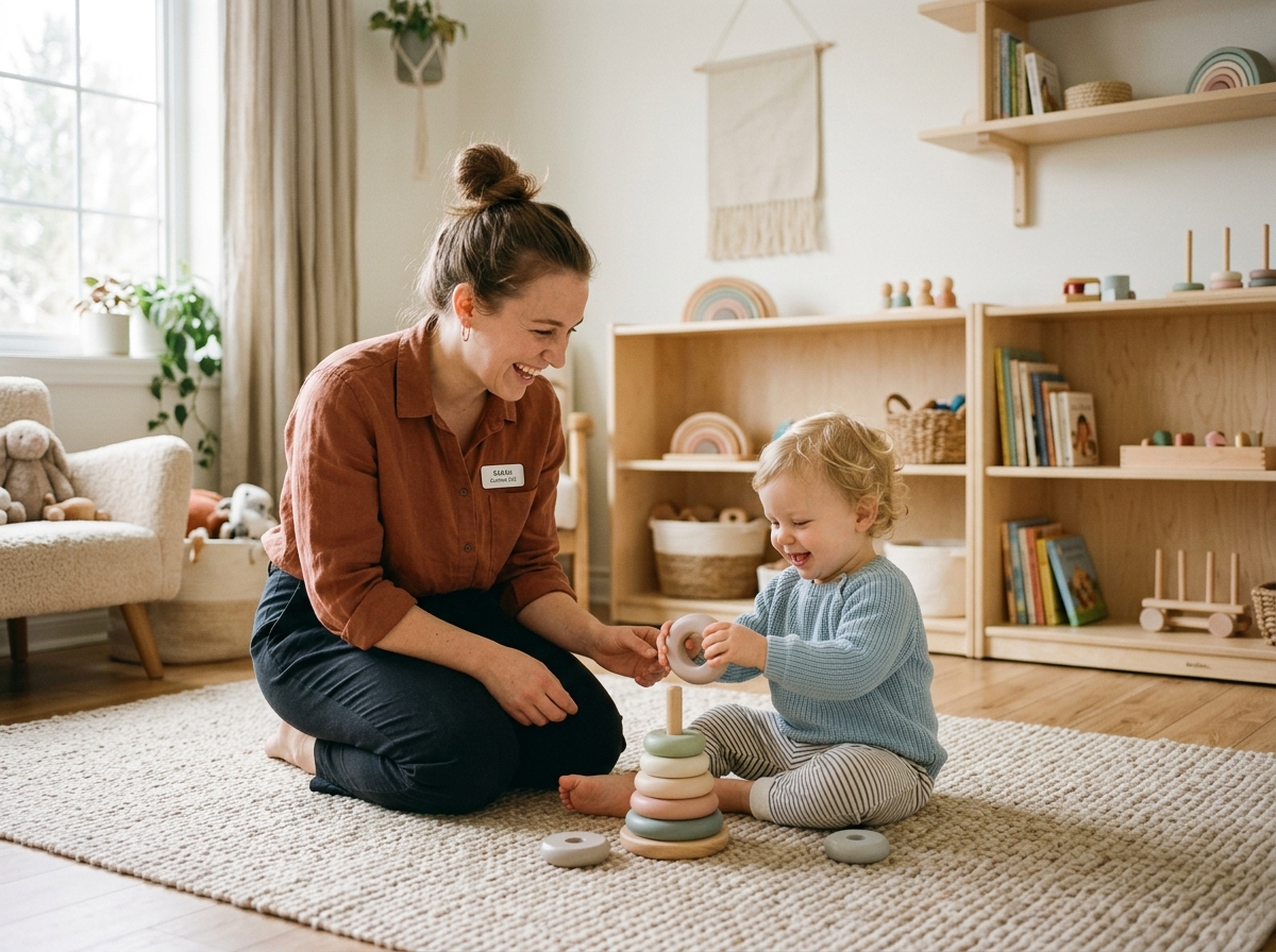 Educator with infant in peaceful Scandinavian nursery