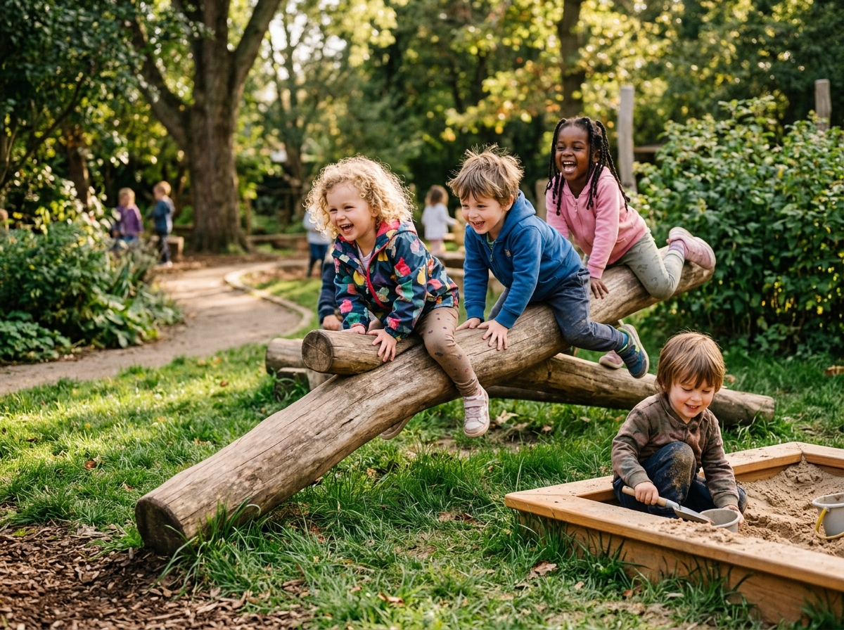 Children exploring outdoor garden playscape