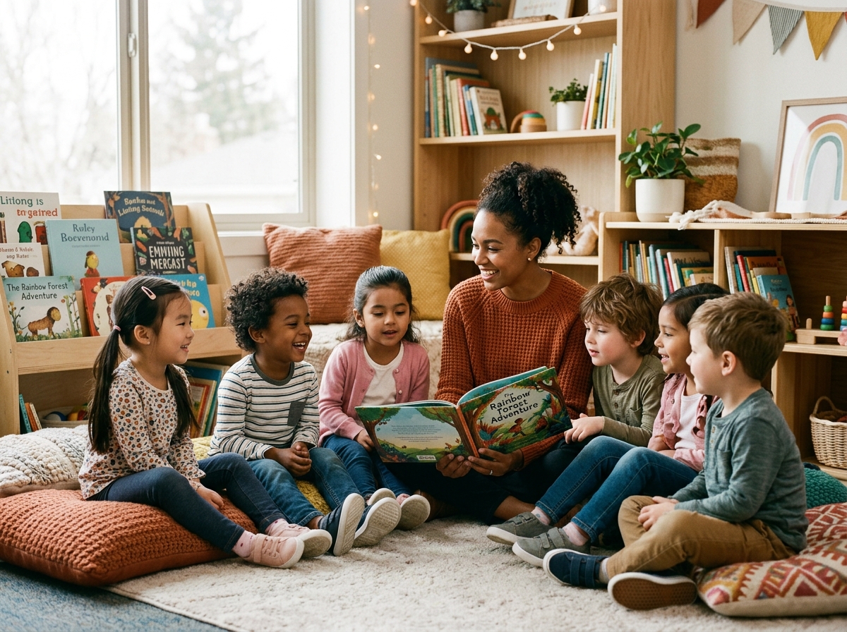 Preschool teacher reading engaging storybook in reading nook