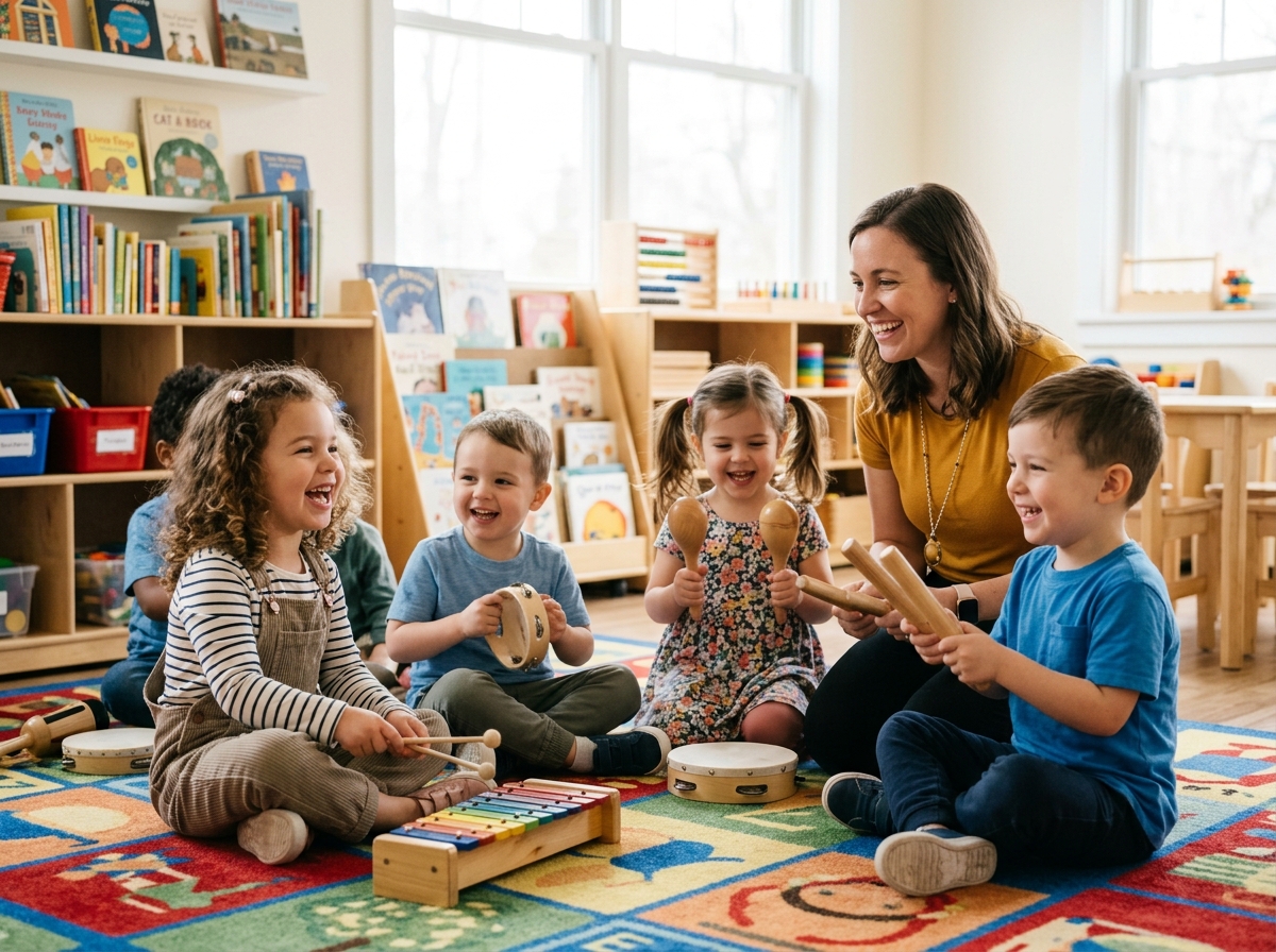 Toddlers playing wooden xylophone and bells