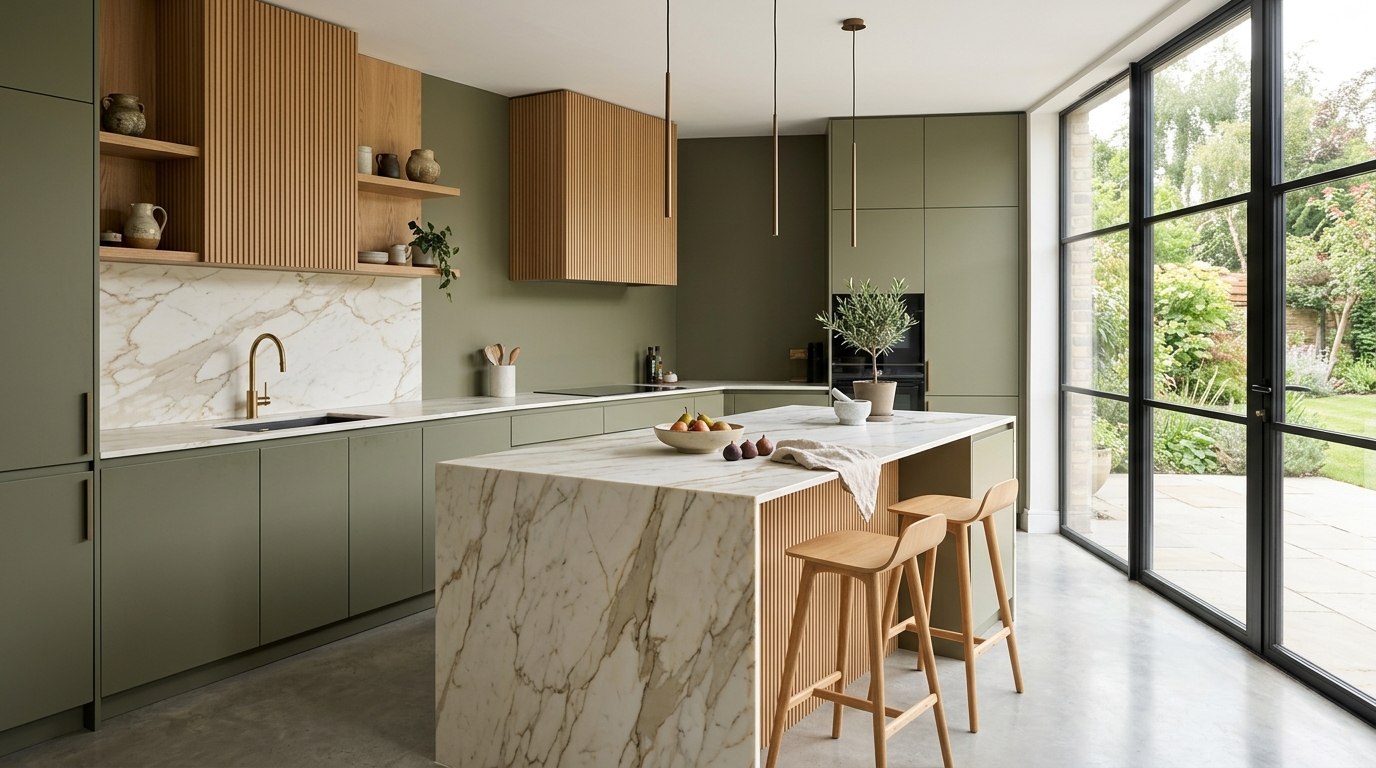 Luxury Modern Modular Kitchen with Olive Green Cabinets and Marble Waterfall Island