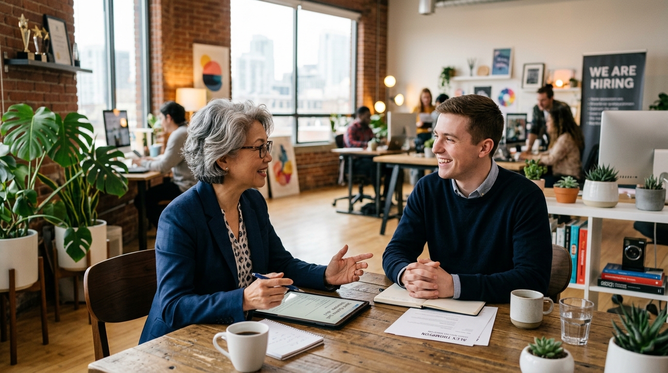 Recruitment manager interviewing candidate in modern studio office