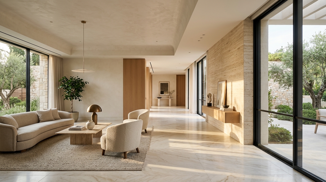 Sunlit architectural residence featuring large-format Calacatta marble floor slabs and vein-cut travertine wall cladding
