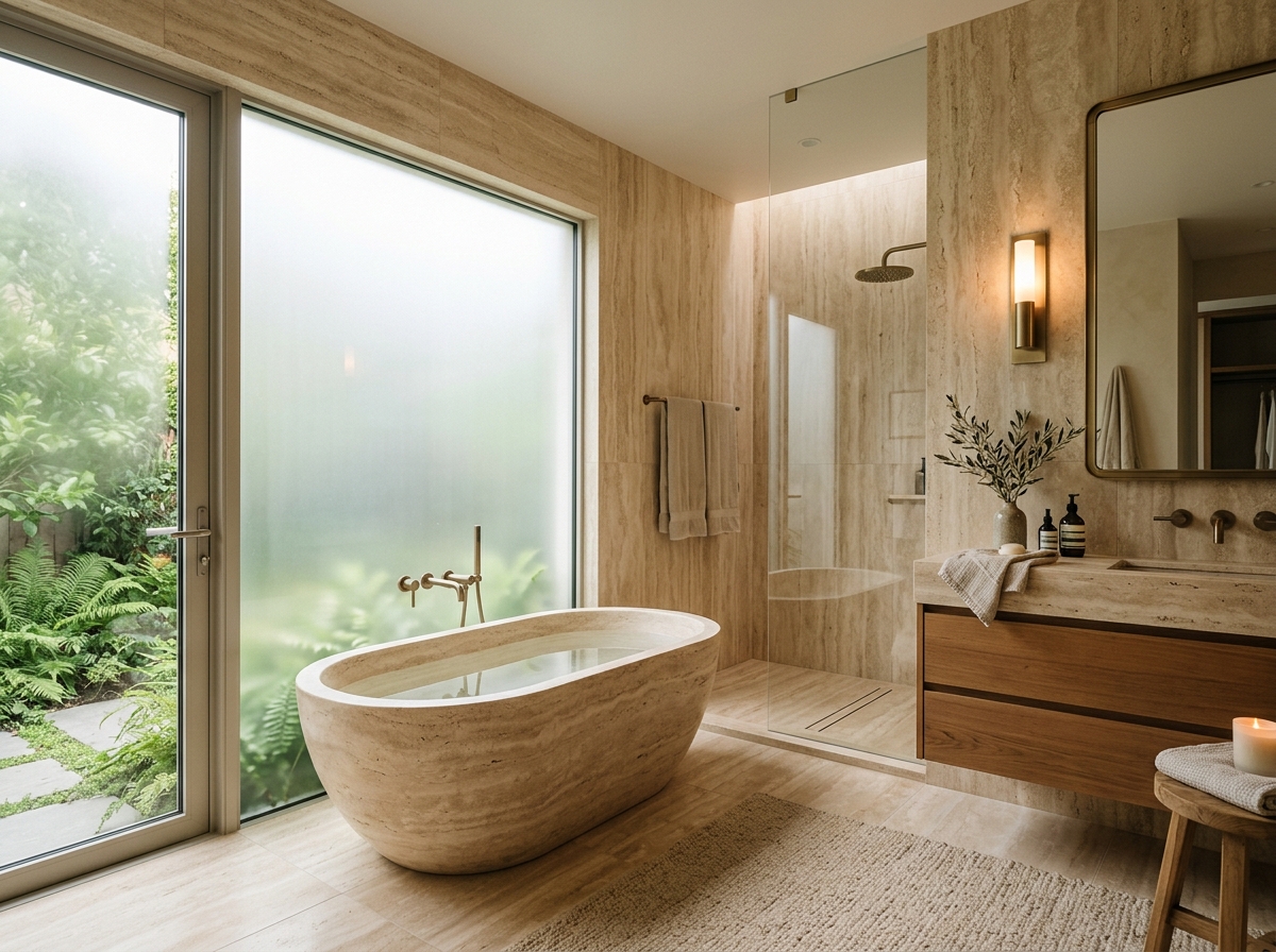 Large-Format Rectified Porcelain Slabs in Thermal Spa
