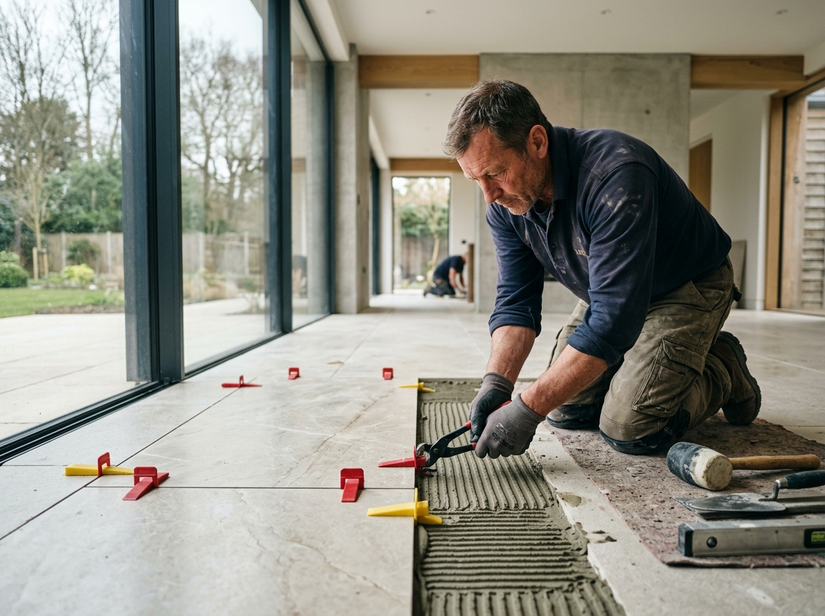 Master stone mason checking subfloor flatness and setting limestone floor slab