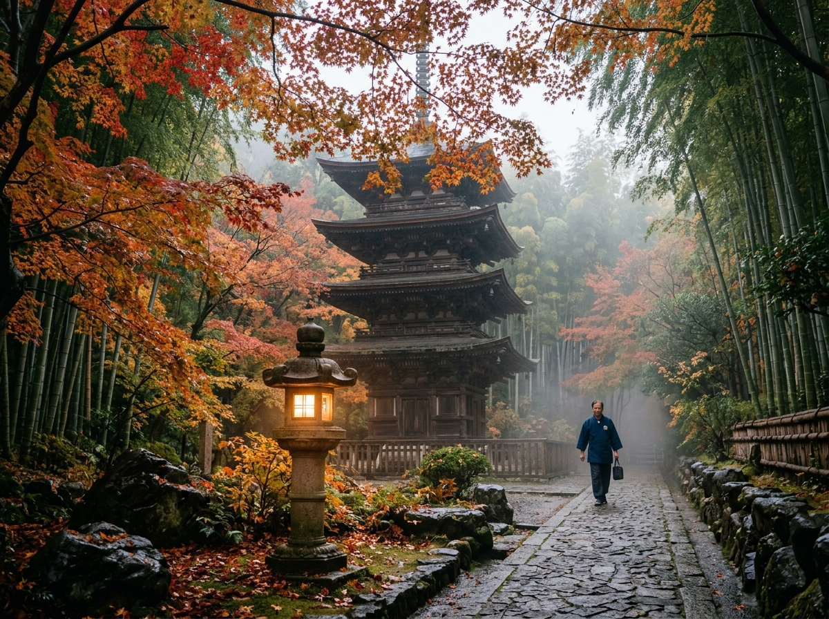 Kyoto historic pagoda surrounded by autumn maple leaves