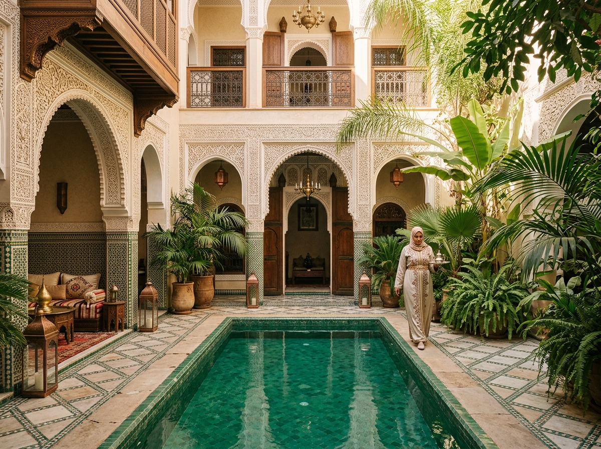 Traditional luxury Riad courtyard in Marrakech Morocco
