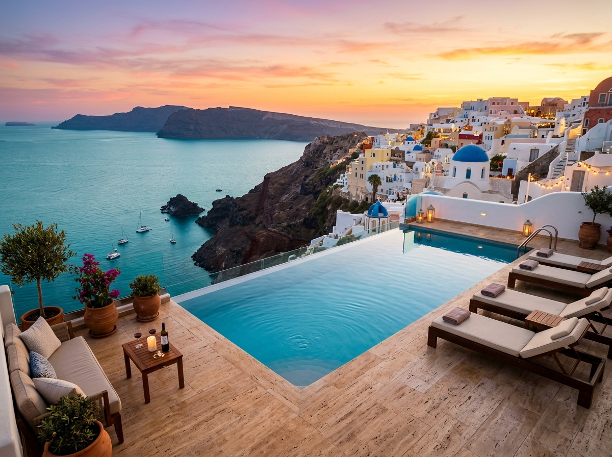 Oia caldera infinity pool in Santorini Greece