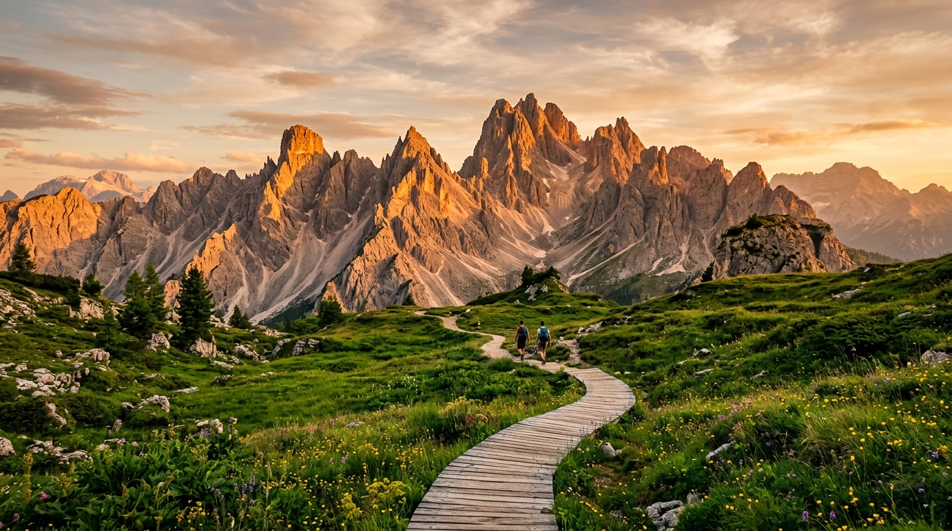 Golden hour over the Italian Dolomites alpine peaks