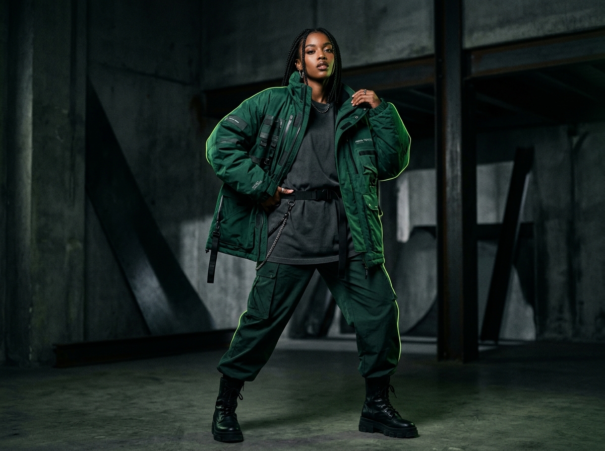 Model wearing VERDE STUDIO Emerald Outerwear