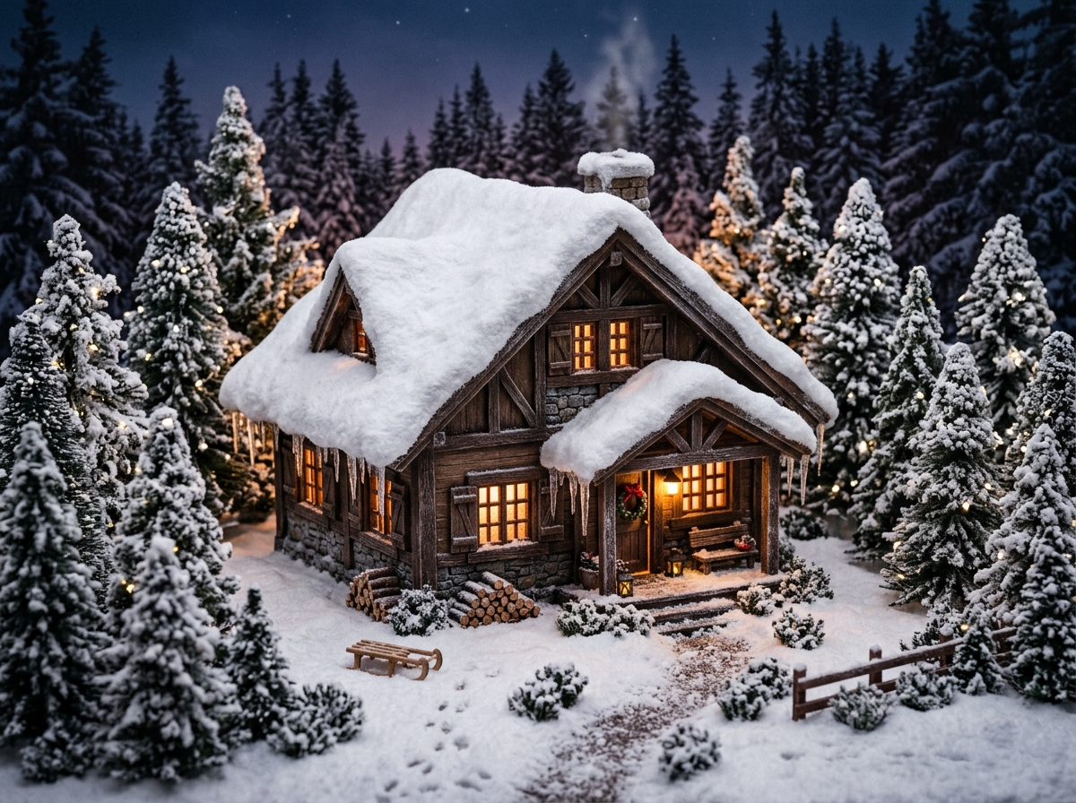 Snow-covered alpine chalet with warm amber windows and icicles