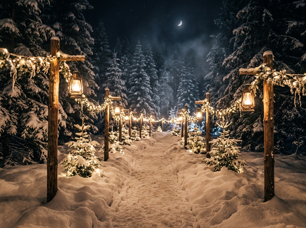 Snowy forest walkway illuminated by glowing lanterns on wooden posts