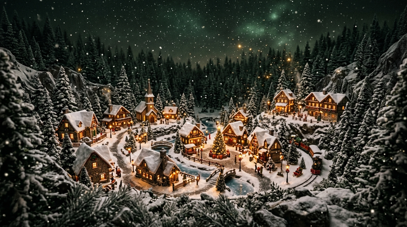 Immersive 3D Christmas Village at night nestled in deep snow with glowing cottages, church spire, and pine forest